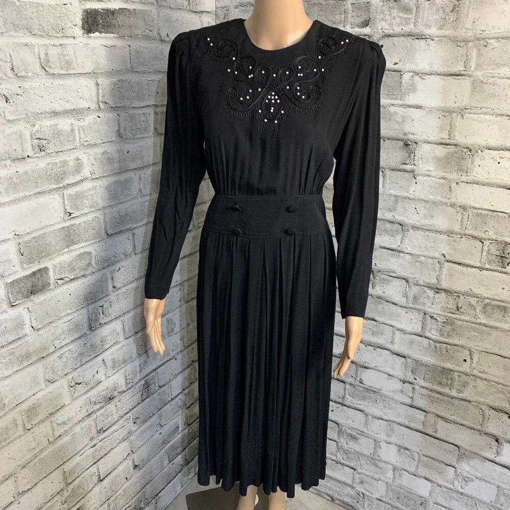 Vintage 90s Karin Stevens Midi Dress Small Black Long Sleeve Pearl Embroidered